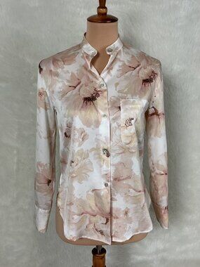 Vince Pink Ivory Painted Magnolia Band Collar Blouse XXS